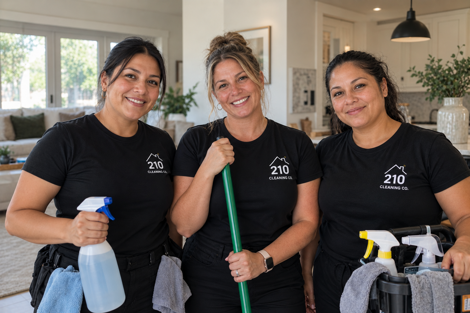 210 Cleaning Co professional cleaners in navy uniforms standing in a bright San Antonio home
